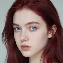 a pale girl with piercing blue eyes and dyed wine red hair, soft facial features, looking directly at the camera, head shot, instagram picture
