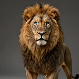 a handsome strong anthropomorphic male lion, with a thick long mane, and brown fur covering his whole body, blue right eye, red left eye, unreal engine