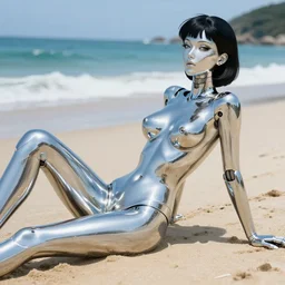 Photorealistic Hajime Sorayama designed Beautiful Robot woman who’s skin is reflective chrome relaxes at the beach in a Mario Testino Style Photograph