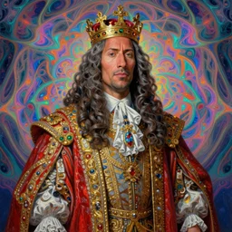 beautiful oil painting, portrait of Dwayne the rock Johnson as Louis xiv in coronation robes 1701, Dan Mumford, dan Mumford, Dan Mumford, Alex grey, Alex grey, lsd visuals, dmt fractal patterns, entheogen, psychedelic, hallucinogen, coherent, highly detailed, ornate, vaporwave