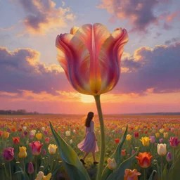large tulip as a head, girl walking in a flower field, surreal photography, sunrise dramatic light, impressionist painting, colorful clouds, digital painting, artstation, simon stalenhag