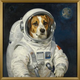 a beautiful painting, dog in a space suite, by vladimir mayakovsky, long shot