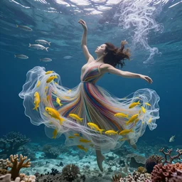 woman dancing underwater wearing a long flowing dress made of many translucent layers of thin multi - colored wire, bolts of bright yellow fish, delicate coral sea bottom, swirling silver fish, swirling smoke shapes, octane render, caustics lighting from above, cinematic, hyperdetailed