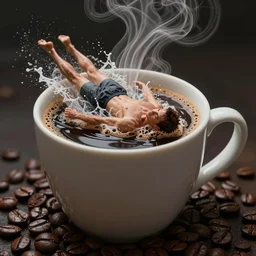 an intricate concept illustration of a man swimming in a hot coffee mug, surreal,  fantasy, highly detailed, cinematic lighting, volumetric lighting,  Artstation, concept art, hyper realistic, cgsociety