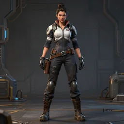 character art of a female engineer wearing futuristic overalls, toolbelt, heavy-duty boots, gloves, sharp features, hair tied up in a bun, videogame character, Starcraft 2, Factorio, Gears of War, highly detailed full-body art, futuristic, serious, concentrated, industrial aesthetic, highly detailed, photo realistic, technical atmosphere, 8K, octane render, unreal engine