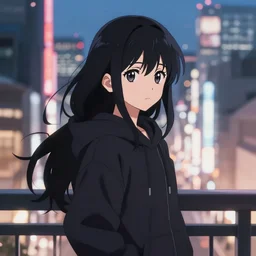 black haired girl wearing hoodie, city cityscape, anime epic artwork, kyoto animation, key visual, highly detailed