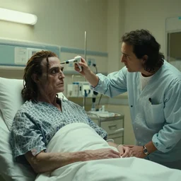 the creature takes my temperature in the hospital, film still from the movie directed by denis villeneuve and david cronenberg with art direction by salvador dali