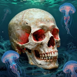 a single skull in the sea by dan mumford and greg hildebrandt and donato giancola and raymond swanland and peter driben and william - adolphe bouguereau and roberto ferri, glowing red skull, blue jellyfish, green water, highly detailed, high contrast, intricate details, blended palette