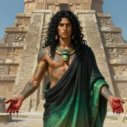 portrait of a beautiful young slim male aztec priest of the snake god, long curly black hairs, skin covered in ritual tatoos, fluent robes, open arms, hands dripping blood, by greg rutkowski and alphonse mucha, d & d character, gradient black to green, in front of a decorated stone ziggurath, highly detailed portrait, digital painting, artstation, concept art, smooth, sharp focus ilustration, artstation hq