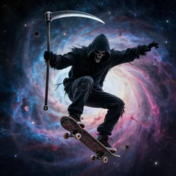 the grim reaper holding a scythe doing skateboard tricks through a nebula, detailed, featured