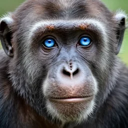 macro photography of an ape with very detailed fur and crystal clear blue eyes, golden hour lightening and beautiful bokeh in the background