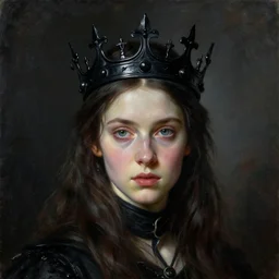 The portrait of Hunter Schafer !!!!! in black wax crown by John William Waterhouse, dark fantasy, witcher, very detailed oil painting, masterpiece, 8k