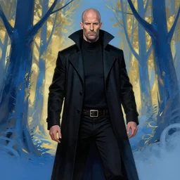 horror art, jason statham vampire hunter, blue and gold trees in the background, art by jock