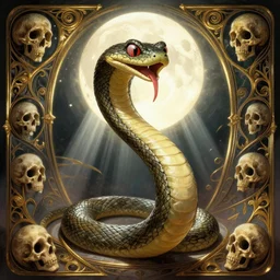 masterpiece of mischevious snake tamer, cinematic, powerful, moon beams dramatic light, highly, intricate gold elements, hollow souls, detailed, digital painting, artstation, concept art, sharp focus, illustration, art by artgerm and greg rutkowski and alphonse mucha, rembrandt