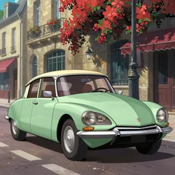 a wholesome animation key shot of!! one!! focused!! 1 9 7 4 citroen ds!! in a paris street, medium shot, studio ghibli, ( pixar ) and disney animation, sharp, very detailed, high resolution, rendered in unreal engine 5, anime key art by greg rutkowski, bloom, dramatic lighting