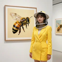 young beekeeper woman wearing fancy yellow dress suit in front of the framed artwork of a bee, in the minimalistic retrofururistic art gallery, by rutkovski and beksinski