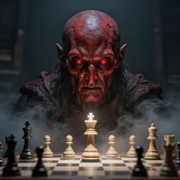 lord loss king of hell & sorrow, loves chess, book portrait, pale red, lumpy skin, he has very dark red sad eyes with even darker red pupils. tiny cracks in skin seep, symmetric lights and fog, in the style of zdzislaw beksinski, glowing light and shadow, hyperrealist, 8 k