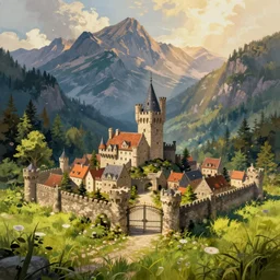 digital painting of a small castle town closed off by large metal gate, border, behind a forest, large mountains in back, detailed, concept art, low angle, high detail, warm lighting, volumetric, godrays, vivid, beautiful, trending on artstation, by Jordan grimmer, no focus, huge scene, grass, art greg rutkowski and alphonse mucha