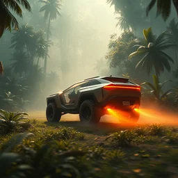 futuristic suv designed by apple driving through the amazon, artgerm and greg rutkowski and alphonse mucha, an epic fantasy, volumetric light, detailed, establishing shot, an epic fantasy, trending on art station, octane render, midsommar