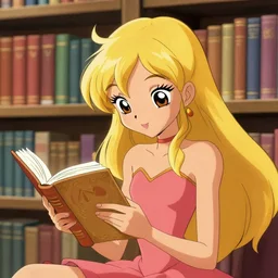 flora winx club, reading a book, bookshelf in background, detailed winx club art style