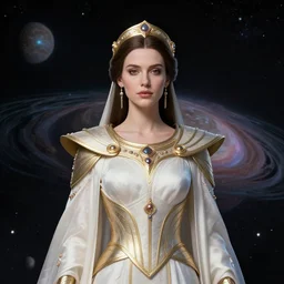 portrait of the powerful empress of the solar system in the style of charlie bowater and in the style of edmund blair leighton. glowing, ornate and intricate linework, sharp focus, depth of field, stunning, dynamic lighting, ultrafine and hyperdetailed.