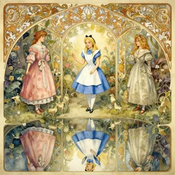 a beautifull intricate watercolour painting of alice in wonderland scene, reflexions, verry high details by william turner art, greg rutkowski and alphonse mucha, trending on artstation, very very detailed, masterpiece, muted colors