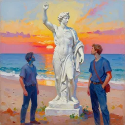 colorful peter mohrbacher and andreas rocha impasto!! acrylic painting of a marble statue of a warrior on the shore of a beach with a spectacular sunset overhead. trending on artstation