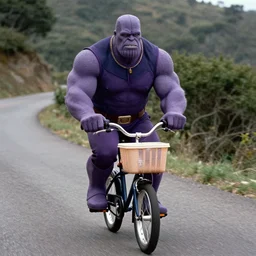 film still of purple thanos as brand riding a very small bicycle with a plastic basket down a steep mountain road in the goonies 1 9 8 5