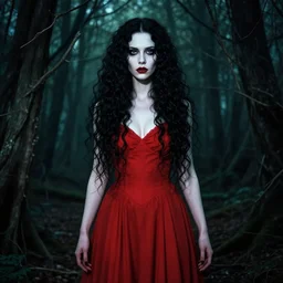 in the style of joshua middleton, artgerm, symmetrical face full body, pretty alyson hannigan full body, evil dead demon, evil dead movie, red dress, full body, symmetrical eyes, symmetrical eyes, long curly black hair, trees, symmetrical eyes, forest, full body, branches, full body, cinematic lighting, evil dead, scary, artgerm