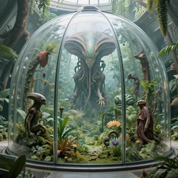 epic alien jungle by zdzisław beksinski, greg rutkowski and ernst haeckel inside a glass biodome by zaha hadid. highly detailed, hyper - real, very beautiful, intricate fractal details, lush, mysterious, trending on deviantart and artstation