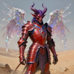 stalenhag meets rococo style painting of full plate armor of crimson metal with azure blue lining and ruby studded worn by harsh amethyst colour horned demon with glowing glass wings, magic, enchanted, intricate, crystal, background desert, dusty, soft light, 8 k, artstation trending, masterwork