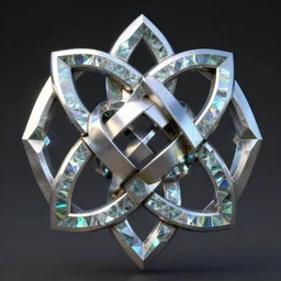 geometric metal monument sculpture of a gaelic knot with glass elements refracting rainbows into iridescent patterns, style of jack storms, octane render, artstation, bejeweled, crystalline