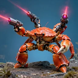photo of a crab wielding laser pistols, attached laser turrets
