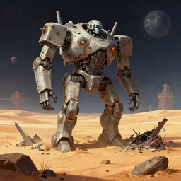 next to the wreckage of a destroyed giant humanoid robot on a remote desert planet, from a space themed point and click 2 d graphic adventure game, art inspired by thomas kinkade