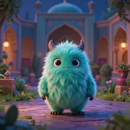 little fluffy monster in a lovely iranian palace garden at dusk. upcoming 3 d animation by an indie studio, rimlighting, depth of field, limited but vibrant palette, intricate details, gothic horror, chiaroscuro, bokeh.