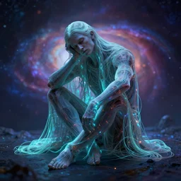 an exhausted deity, contemplating existence, beyond the known universe, fine art, bokeh, omnidimensional, ocd, electroluminescent wire by wayne barlowe + jack davis