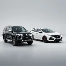 Black 2016 Mitsubishi Pajero Sports, driving besides a White Honda Civic Hatchback Sports 2018, Promotional Photography, Professional, 4k photo