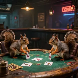 squirrels playing poker in a gritty cyberpunk bar.
