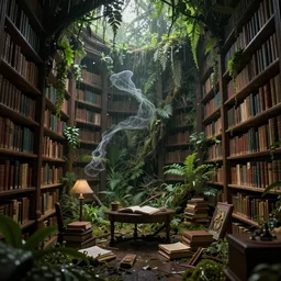 a decaying interior of ( ( old library ) ) with a rainforest growing inside, magical - wisps in the air, highly detailed, intricate detail, realistic shaded lighting, beautiful 3 d rendering, octane render, hyperrealistic, trending on artstation, by greg rutkowski and simon stalenhag