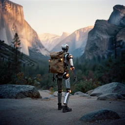 a 2 8 mm macro kodachrome photo of a humanoid cyborg with glowing lights wearing a backpack hiking in yosemite national park in the 1 9 5 0's, seen from a distance, bokeh, canon 5 0 mm, cinematic lighting, film, photography, golden hour, depth of field, award - winning