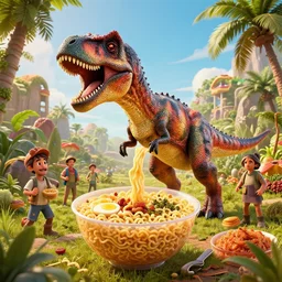Jurassic park but the dinosaurs are made of ramen, Greg Rutkowski, Darek Zabrocki, Karlkka, Jayison Devadas, Phuoc Quan, trending on Artstation, 8K, ultra wide angle, pincushion lens effect.