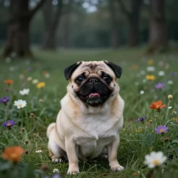 a happy pug in a disturbing nightmare, single subject, peaceful flower meadow with some trees in the background, scenic full shot, ambient lighting, detailed face, by hr giger, by hieronymus bosch
