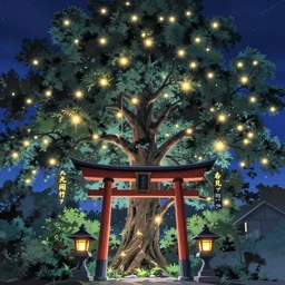 beautiful anime tree at night with lots of lights and a tori gate