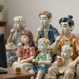ceramic mask family watching tv, britt marling style 3 / 4, 8 k, sharp focus, soft light, volumetric lighting, highly detailed realistic, refined, artstation