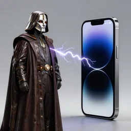 Emperor Palpatine shooting lightning at an iPhone, digital art