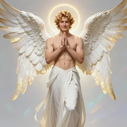 fullbody portrait of a beautiful young fit male angel with curly blond hairs, soft smile, blessing hands, dressed in long fluent skirt, majestic symmetrical eagle wings, luminous halo, by greg rutkowski and alphonse mucha, gradient white to gold, in front of an iridescent background, highly detailed portrait, digital painting, smooth, sharp focus illustration