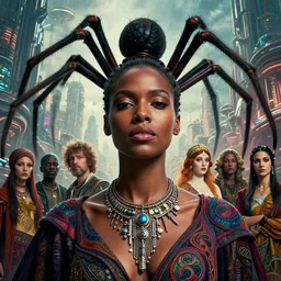 realistic detailed closeup portrait movie shot of a beautiful black woman with a giant spider, dystopian city landscape background by denis villeneuve, amano, yves tanguy, alphonse mucha, max ernst, ernst haeckel, kehinde wiley, caravaggio, cyber necklace, rich moody colours, sci fi patterns, wide angle