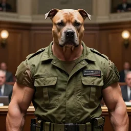 pitbull, wearing military outfit, in senate chamber, herculean, bulging muscular figure, soft lighting, highly detailed face, sharp focus, artstation, sophie anderson, arnold armitage, loish, thomas kinkade