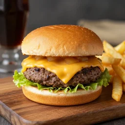 dslr food photograph of a double cheeseburger and fries, 8 5 mm f 1. 8