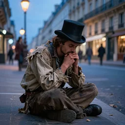 a ragged clothed man begging on a street in early 2 0 th century paris. he has a top hat. street lights. evening. warm atmosphere. epic scene. blue vivid colours. 4 k, hyperdetailed. realism